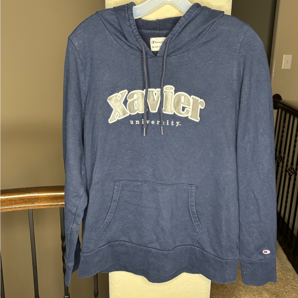 Champion Blue Hoodie with Xavier University Design Cotton Blend